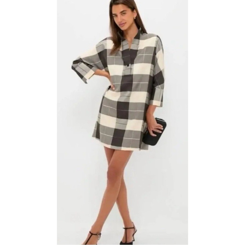 Tuckernuck Size Medium Metallic Plaid Tunic Dress Champagne Black Velvet Buttons